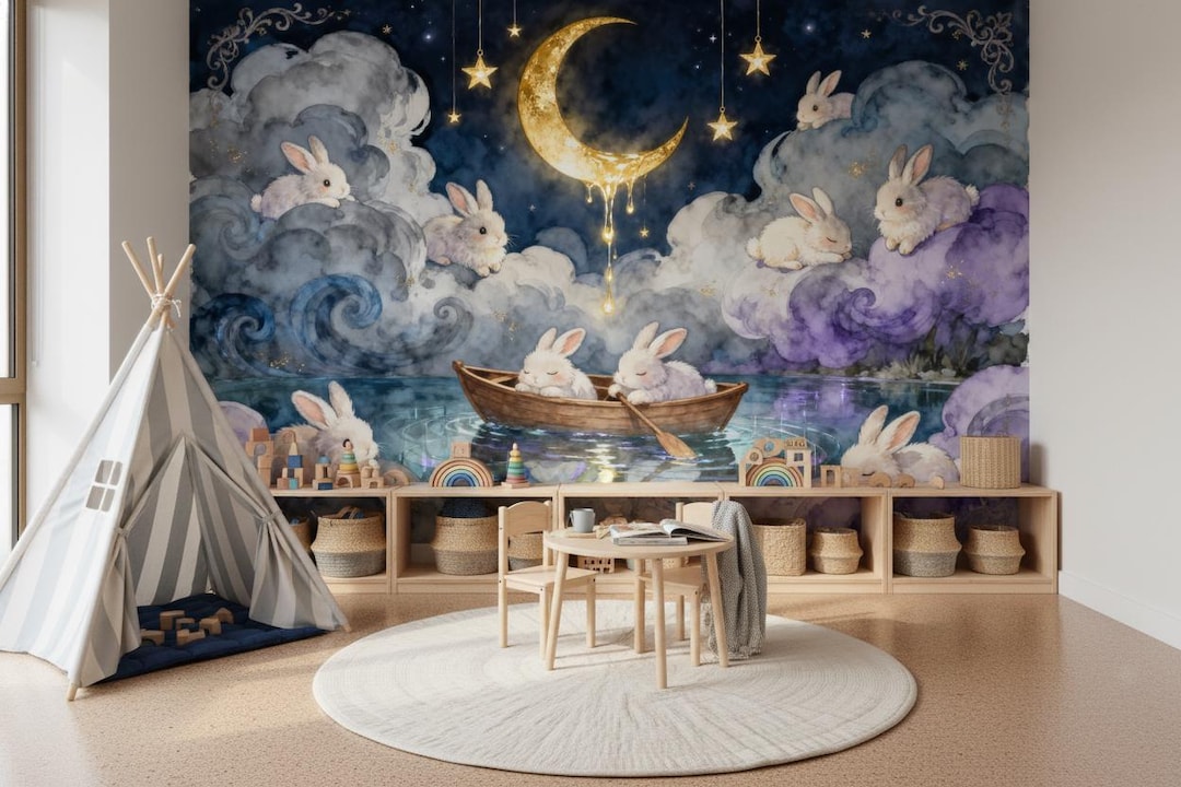 Whimsical Moon Bunny Peel and Stick Wallpaper Celestial Nursery Wall ...