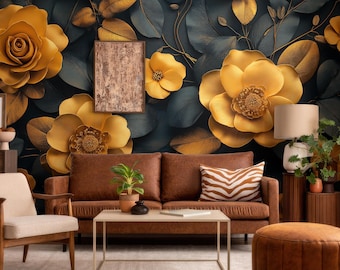Gold Floral Wallpaper Mural: Navy Botanical Peel & Stick Wall Decor