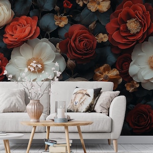 Carta da parati floreale rosso e oro Moody – Carta da parati murale romantica con rose scure – Arte botanica barocca per camera da letto, sala da pranzo o salotto