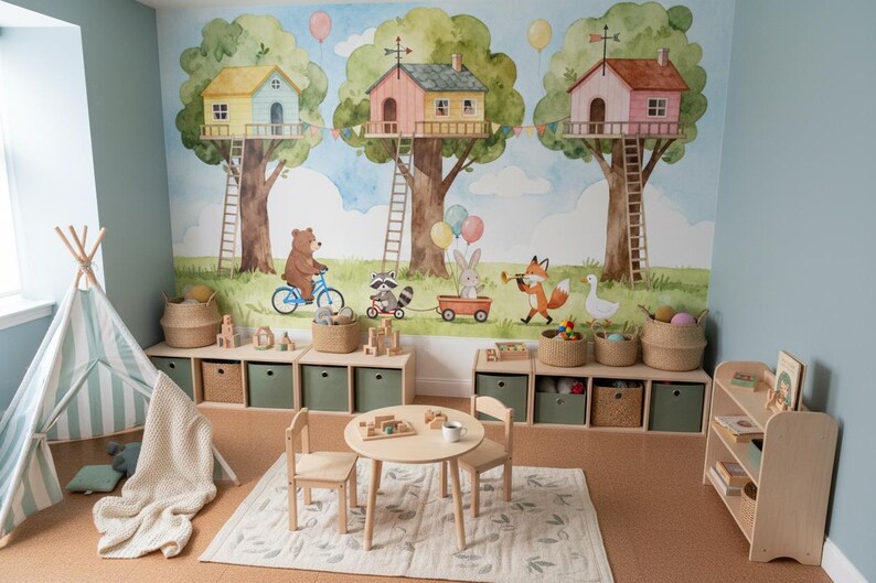 Woodland Animals Peel and Stick Wallpaper Nursery Treehouse Wall Mural ...