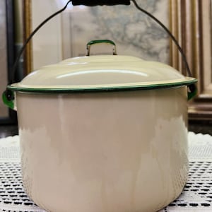 Enamelware Lidded Pot With Handle - Cream With Mint Trim - Vintage, Circa 1930’s