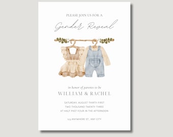 Watercolor Baby Clothes Gender Reveal Invitation (Digital Download)