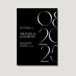 Peut inclure: Carte de sauvegarde de la date noire et blanche avec le texte "Save the date for the wedding of Michael & Elizabeth" et la date "August 20, 2025". La carte comprend également l'adresse "123 Anywhere St City, State" et le texte "reception to follow".