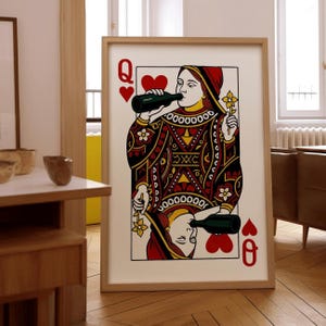Queen of Hearts Drinking Print | Bold Playing Card Poster | Maximalist Wall Art for Bar Cart, Game Room, Dorm, or Lounge Decor