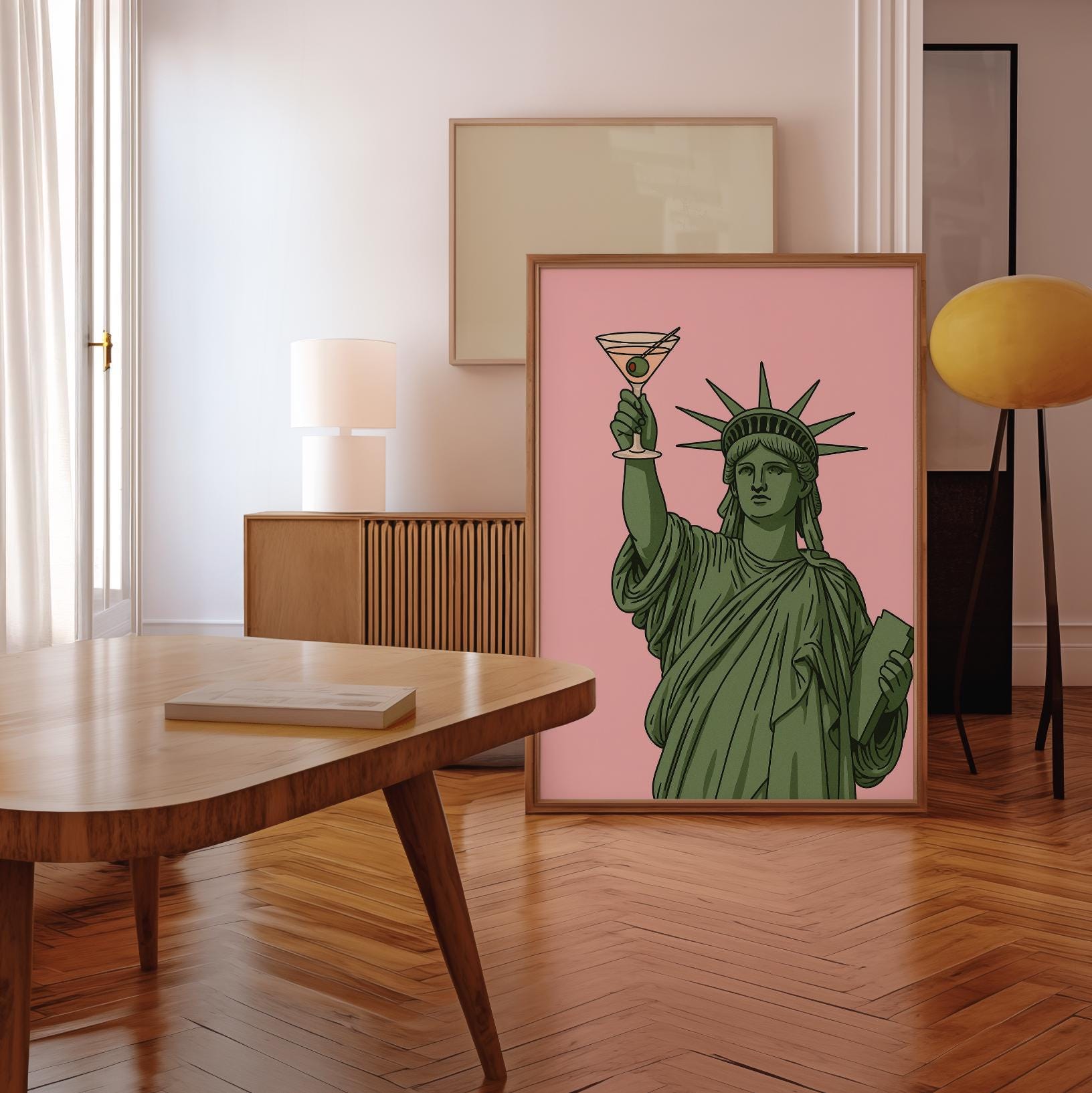 Statue of Liberty Martini Wall Art | NYC Bar Cart Decor | Pink