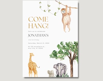 Editable Come Hang Birthday Invitation, Safari Wild Animals, Zoo, Boy, DIGITAL Printable Invite