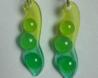 Handmade Resin Glow-in-the-dark Pea Pod Earrings, 3 Peas, Green