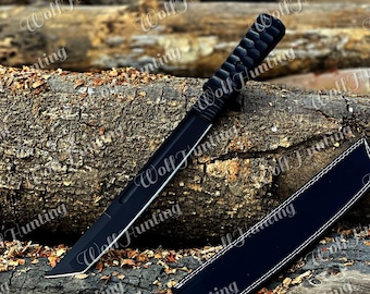 Hand Forged Tanto Knife, High-Quality Carbon Steel Blade with Leather Sheath