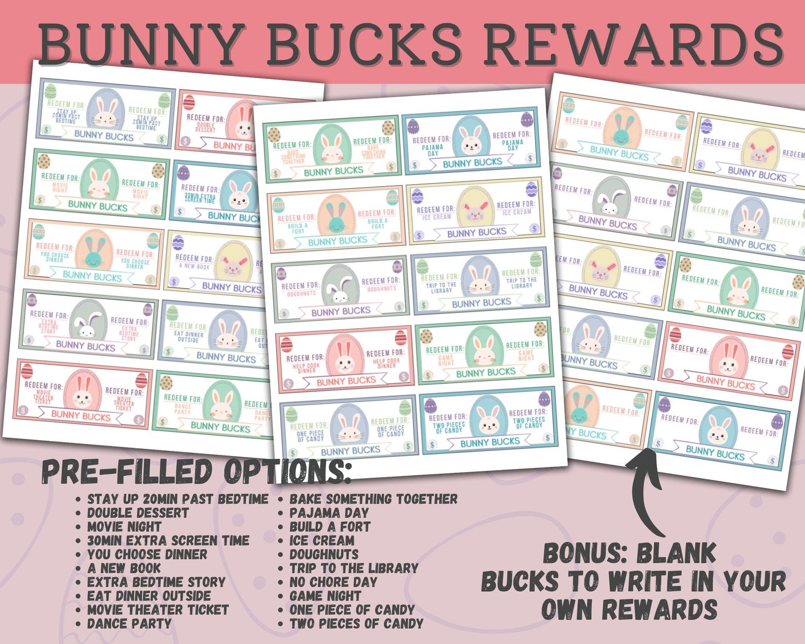 Bunny Bucks Reward Printable, Kids Easter Basket Stuffers, Easter Egg ...