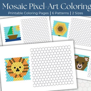 May include: Printable mosaic pixel-art colouring pages with six patterns and two sizes. The pages show colourful pixelated images of a sailboat, sunflower, lion, and bear. The text at the top reads "Mosaic Pixel-Art Coloring".