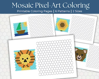 May include: Printable mosaic pixel-art colouring pages with six patterns and two sizes. The pages show colourful pixelated images of a sailboat, sunflower, lion, and bear. The text at the top reads "Mosaic Pixel-Art Coloring".