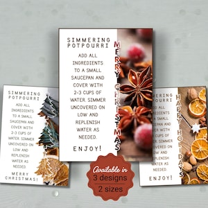 May include: Three rectangular cards with instructions for simmering potpourri. Each card features text on a white background and a photographic border of holiday spices, dried fruit, and pine trees. A red scalloped badge states Available in 3 designs 2 sizes.