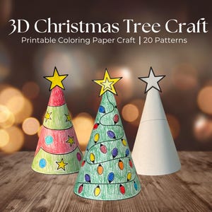 May include: Three handmade 3D Christmas tree crafts. The trees are made of paper and decorated with colorful markers. The text on the image reads "3D Christmas Tree Craft Printable Coloring Paper Craft | 20 Patterns."