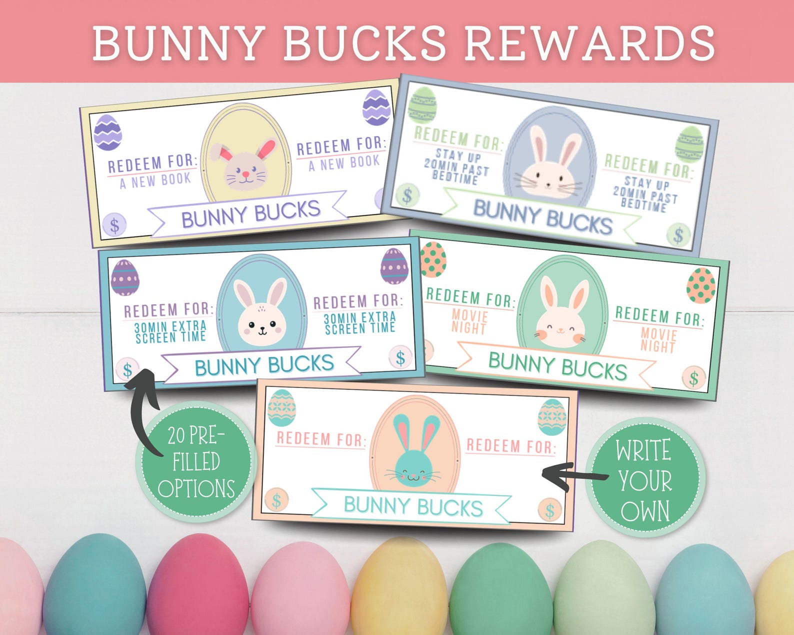 Bunny Bucks Reward Printable, Kids Easter Basket Stuffers, Easter Egg ...