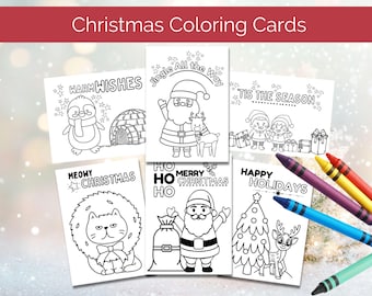 May include: Six black and white Christmas coloring cards featuring various holiday themes. The cards include a penguin with a scarf, Santa Claus with a reindeer, a cat with a bow, Santa Claus with a bag of gifts, a Christmas tree with a reindeer, and two children holding gifts. The cards have text on them, including "Warm Wishes", "Jingle All the Way", "Tis the Season", "Meow Christmas", "Ho Ho Merry Christmas", and "Happy Holidays".