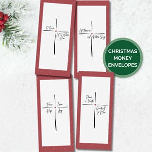 Puede incluir: Cuatro sobres de dinero navideños con borde rojo e interior blanco. Cada sobre presenta un diseño de cruz negra y texto inspirador. También hay un círculo verde con "Christmas Money Envelopes".