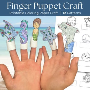 Sea Animal Paper Finger Puppets, Printable Activity For Kids, 3D Turtle Craft, DIY Kids Craft, Montessori Learning Activity, Puppet Template