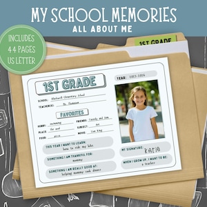May include: A printable 1st grade memory book with a photo of a young girl. The book includes sections for school, teacher, hobbies, favorite subjects, friends, places, food, movies, and more. The book also includes sections for the student to write about what they want to learn, what they are thankful for, and what they are good at. The book is titled "My School Memories: All About Me".