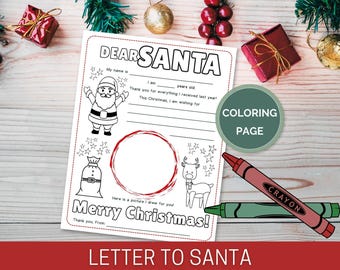 May include: A black and white coloring page with the text "DEAR SANTA" and "Merry Christmas!" A red and green crayon is on the page. The page has a drawing of Santa Claus, a reindeer, and a gift bag.