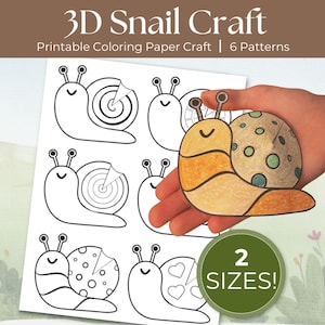May include: A sheet of paper with six black and white snail outlines, and a completed 3D snail craft held in a hand. The snail craft is colored in shades of yellow, orange, and green. Text reads "3D Snail Craft" and "Printable Coloring Paper Craft | 6 Patterns".