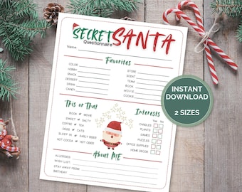 May include: Printable Secret Santa questionnaire with sections for favorites, this or that, interests, and about me. The questionnaire features a cartoon Santa Claus wearing a red hat and white beard.