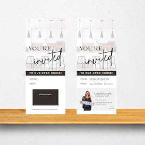 May include: A white and black open house invitation with a photo of a woman holding a "SOLD" sign. The invitation includes the address, date, and time of the open house. The text reads "You're invited to our open house!"