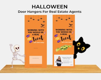 Colgadores de puerta para bienes raíces / Juego de 20 / Colgadores de puerta de HALLOWEEN / Marketing inmobiliario / Adjunte su tarjeta de presentación