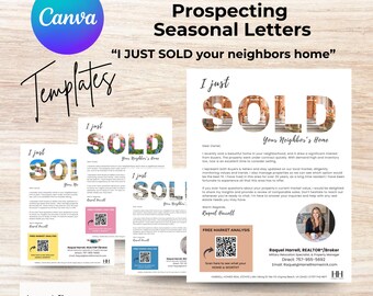 Cartas de prospección inmobiliaria de temporada "Acabo de vender la casa de mi vecino" / Editar en Canva / Elementos esenciales para agentes inmobiliarios / Marketing para agentes inmobiliarios