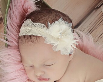 Newborn Lace Headband Ivory Cream Tulle Mesh Flower on Cream Lace Elastic Newborn Headband- Other Colors Available
