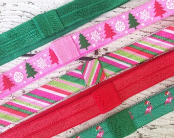 Holiday FOE Elastic Headbands Christmas colors and prints with Interchangeable Loop Clip Inserts