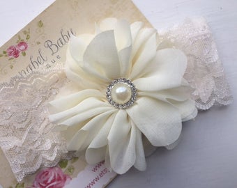 White or Ivory Chiffon Flower on Ivory or White Lace Headband Newborn Prop Baptism Wedding Headband