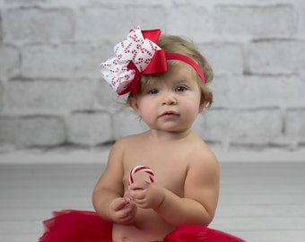 Candy Cane Bow Holiday Headband  with Candy Cane and Red Ribbons