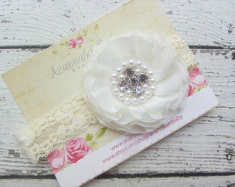 Cream Chiffon Flower with Pearl Rhinestone Accent on Cream Lace Headband Newborn Prop Baptism Wedding Headband