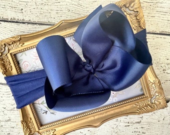 Big Navy Bow Stretchy Headband XL 6” grosgrain bow on headband