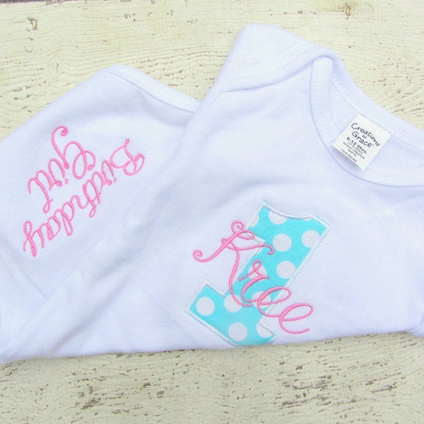 Aqua Polka Ta Dot Number Applique Monogrammed Birthday Girl Tee or Bodysuit