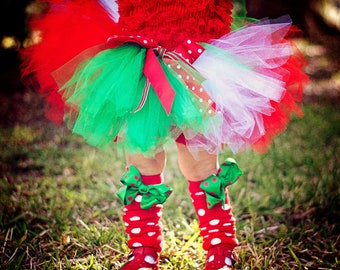 Holiday Tutu with Very Full Red Green White Tulle with Red Polka Dot Bow