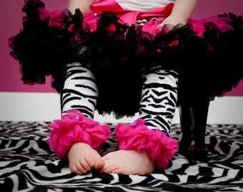 Sale Zebra Leg Warmers with Hot Shocking Pink Chiffon Ruffle Trim