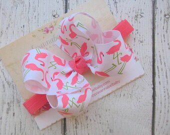 Coral Flamingo Bow  4" Hair Bow with Optional Coral Headband