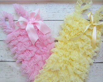 Lace Pettirompers Pink and Yellow Lace with Satin Bows Size 12-24m SALE Ready to Ship