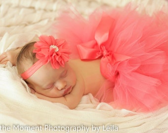 Coral Newborn Tutu For New Baby with Satin Ribbon and Coral Chiffon Flower Headband Newborn Photo Prop