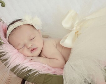 Cream Ivory Newborn Tutu with Satin Ribbon and Cream Tulle Flower Headband