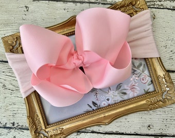 Big Pink Bow Stretchy Headband XL 6” grosgrain bow on headband