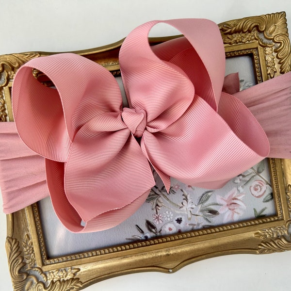 Big Dusty Rose Mauve Bow Stretchy Headband XL 6” grosgrain bow on headband