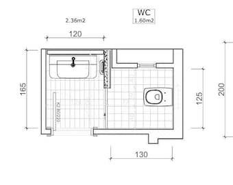 May include: A black and white line drawing of two bathroom floor plans. The first plan is 2.36 square meters and the second plan is 6.40 square meters. The first plan includes a toilet, sink, and shower. The second plan includes a toilet, sink, and a bicycle.