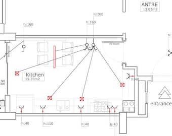 Wydrukuj nowoczesny plan kuchni i łazienki, układ elektryczny i hydrauliczny | Pliki DWG i PDF | Plany CAD do renowacji