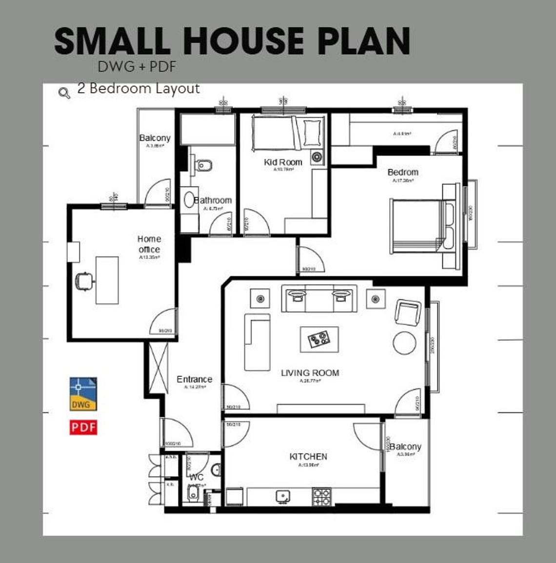 117 M Small House Plan PDF + DWG | 2 Bedroom Modern House Floor Plan ...