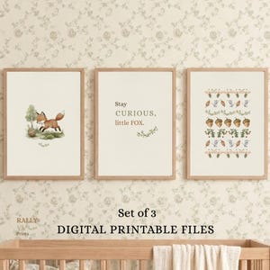 Puede incluir: Juego de tres archivos digitales imprimibles con temática de bosque. Una impresión presenta un zorro corriendo, otra tiene el texto "Stay Curious, little FOX" y la tercera muestra bellotas y hojas. Todas las impresiones están en marcos de madera.