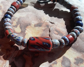 Venetian trade beads, lapis lazuli and focal Mille fiore beaded bracelet