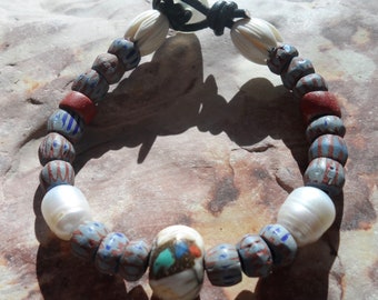 Venetian trade beads, pearls and vintage carved bone beaded bracelet