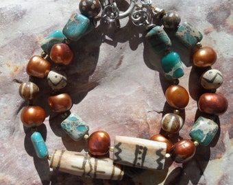 Hand made double strand pearls, gemstone variscite and trade bead Pumtek (fossiled palmwood)